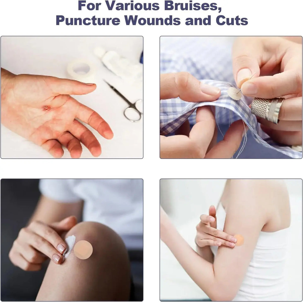 Round first aid bandages for minor cuts and scrapes shown on various body parts.