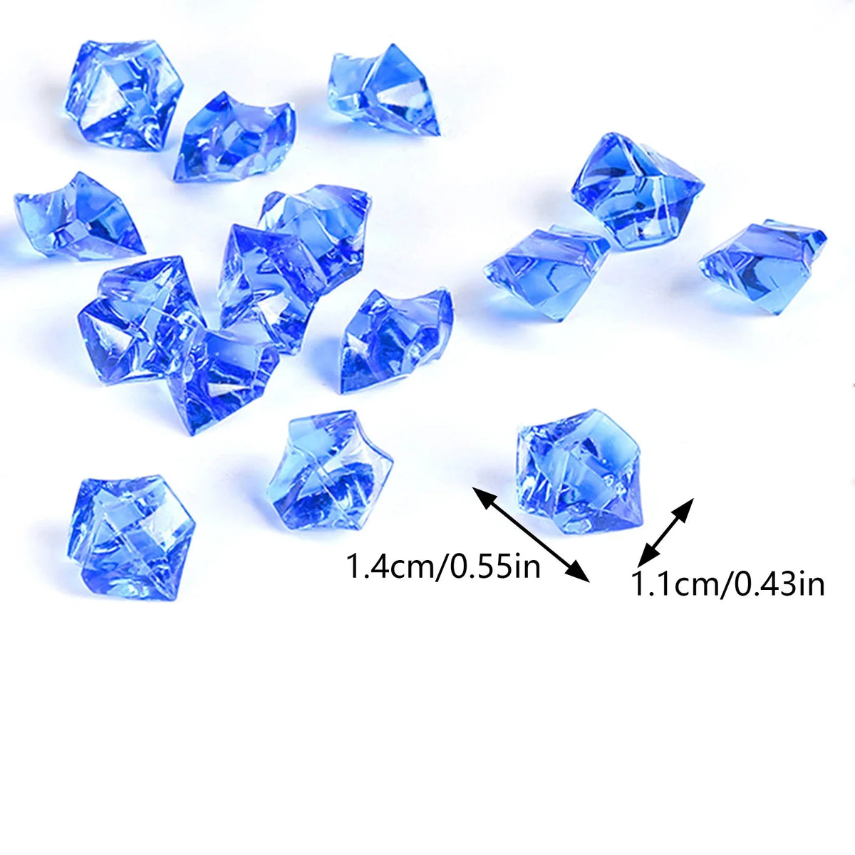 A collection of faceted blue crystal crushed ice stones of various sizes scattered on a white background.