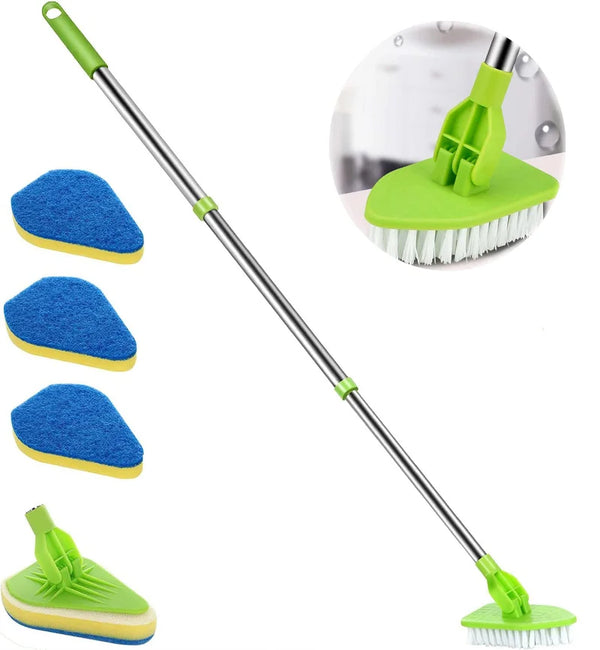 A set of telescopic triangle cleaning brushes in green and blue for various cleaning tasks.