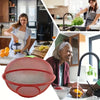 A red metal fruit basket with a mesh cover is shown in various contexts, including preparation and storage.