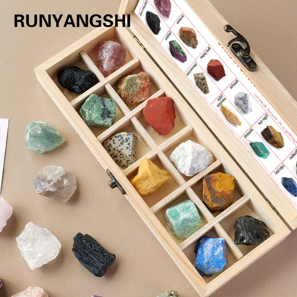 A wooden box filled with various natural quartz crystal stones in different colors and shapes.