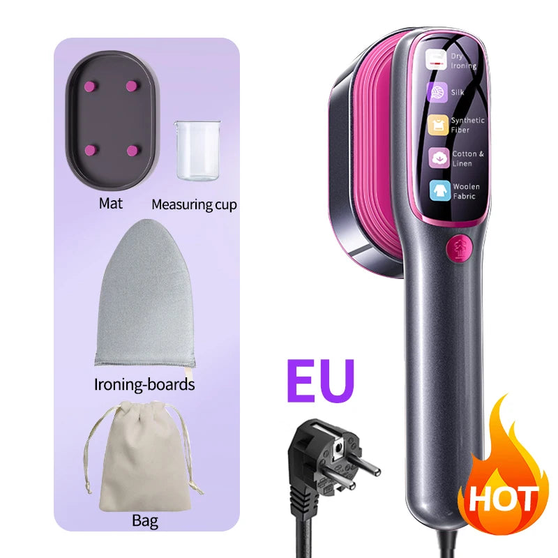 Fer à vapeur portable avec accessoires : tapis, tasse, supports à repasser et sac.