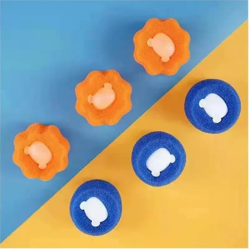 Reusable pet hair and lint remover balls in orange and blue colors