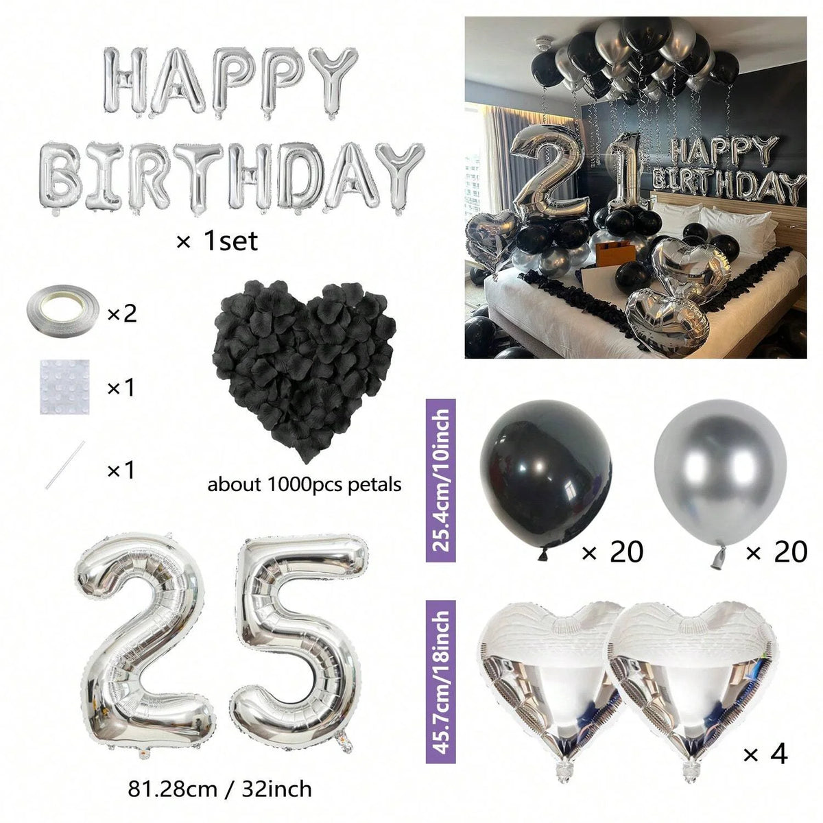 Bulk set of silver balloons including letters, round shapes, and heart shapes for birthday parties