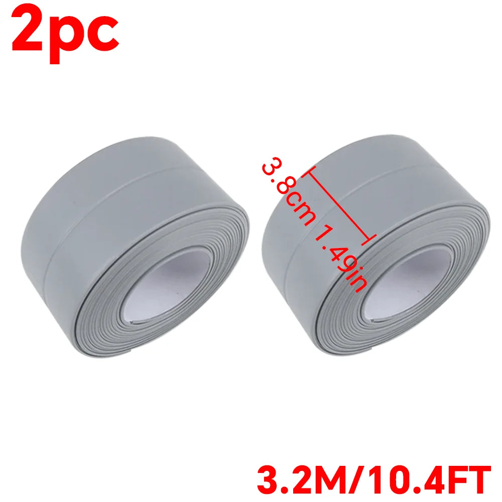 Two rolls of 3.2M waterproof caulk tape, measuring 10.4ft each.