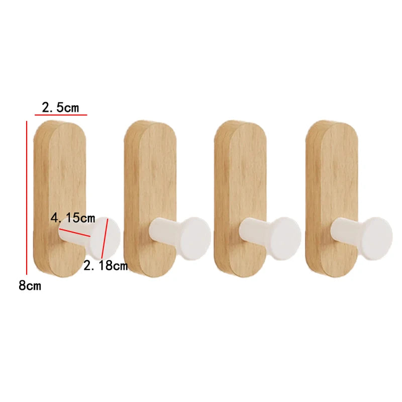 Four light wood wall hooks with white plastic mounting pieces shown with dimensions.