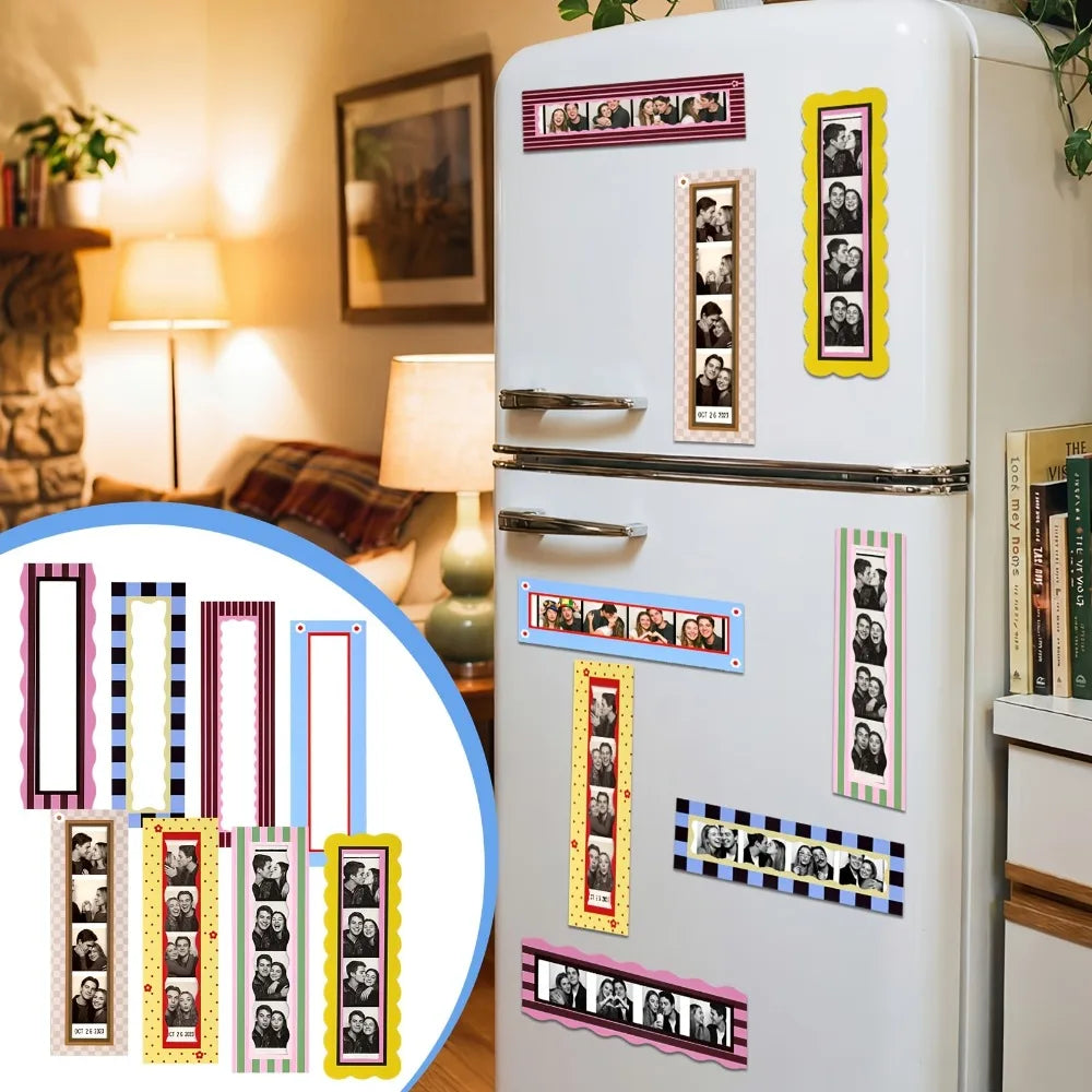 A white refrigerator decorated with various magnetic photo frames featuring portraits and memories.