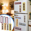A white refrigerator decorated with various magnetic photo frames featuring portraits and memories.