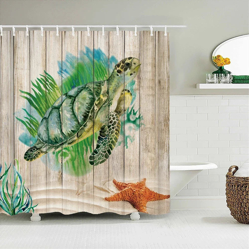A watercolor illustration of a green sea turtle swimming through blue and green aquatic plants on a wooden shower curtain.