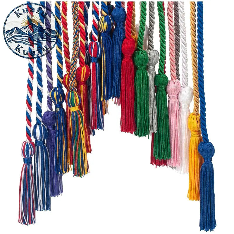 A display of graduation honor cords with various colored tassel ends hanging vertically.