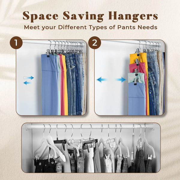 Space saving hangers for different types of pants needs shown in various colors and fabrics.