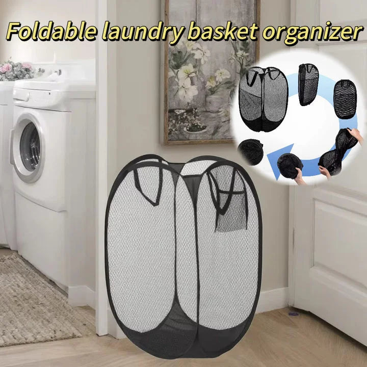 Foldable mesh laundry basket organizer with multiple compartments shown next to a washing machine.