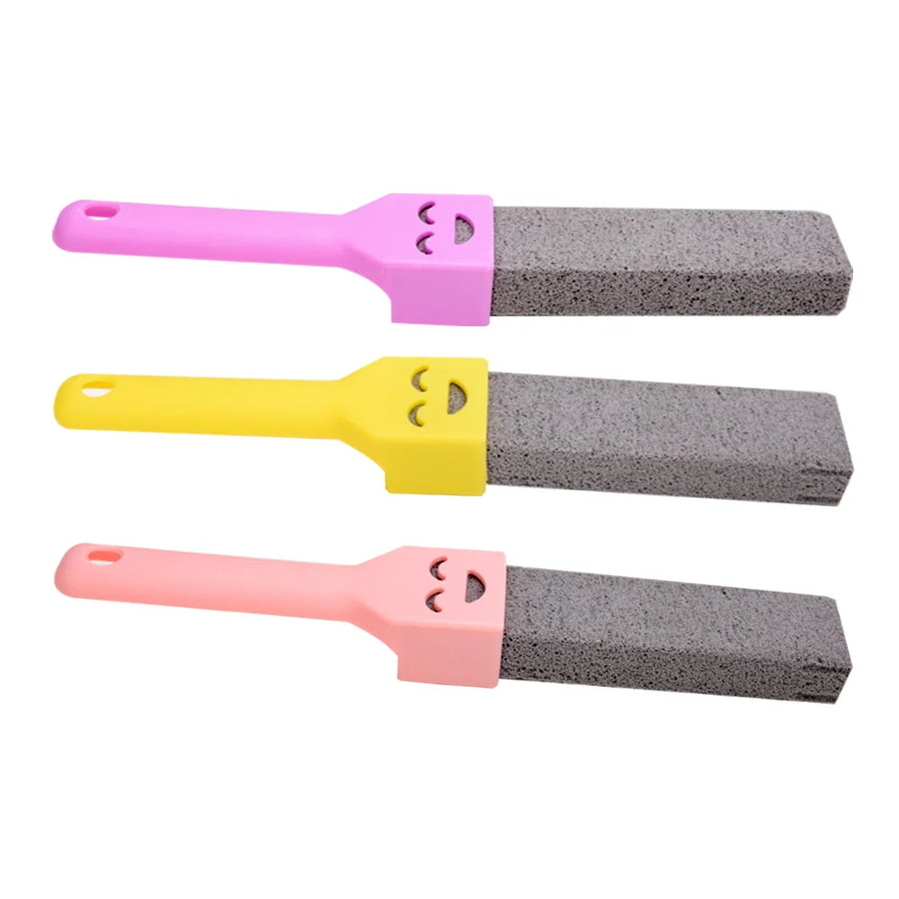 Three natural pumice cleaning sticks in pink, yellow, and coral colors for limescale removal