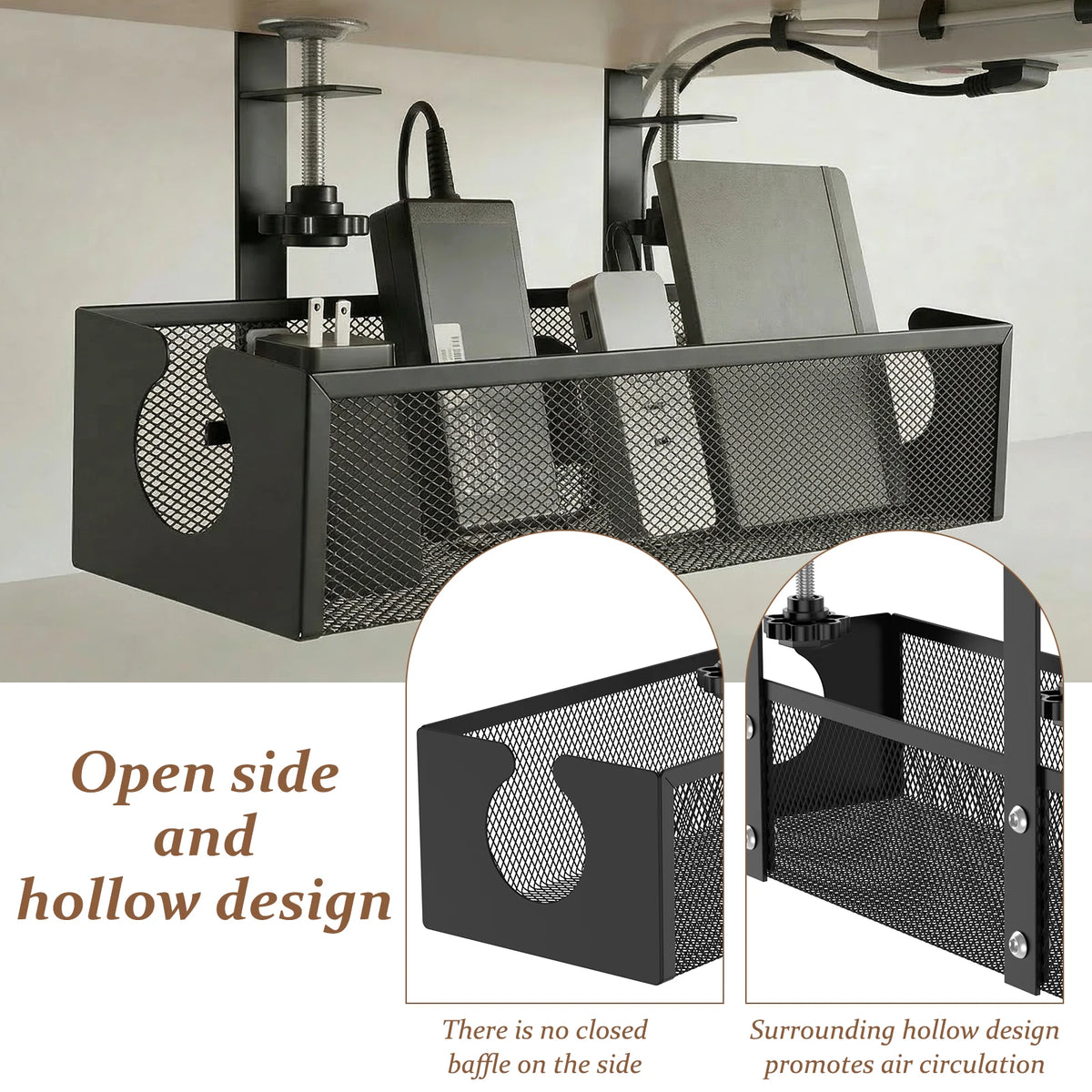 A black under desk cable management tray with an open side and hollow design for promoting air circulation.