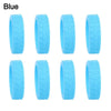 Eight blue silicone luggage wheel protectors for protection and grip.
