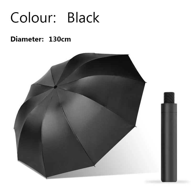 Black extra large windproof folding umbrella with a 130cm diameter shown in a profile view.