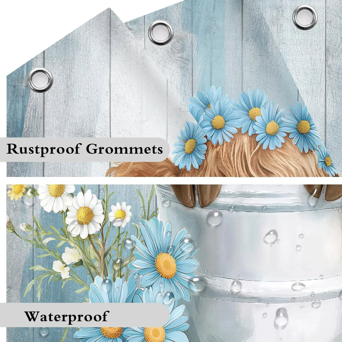 Rustfeste und wasserdichte blaue Nelkenblumen auf einer rustikalen Kuhfell-Duschvorhang