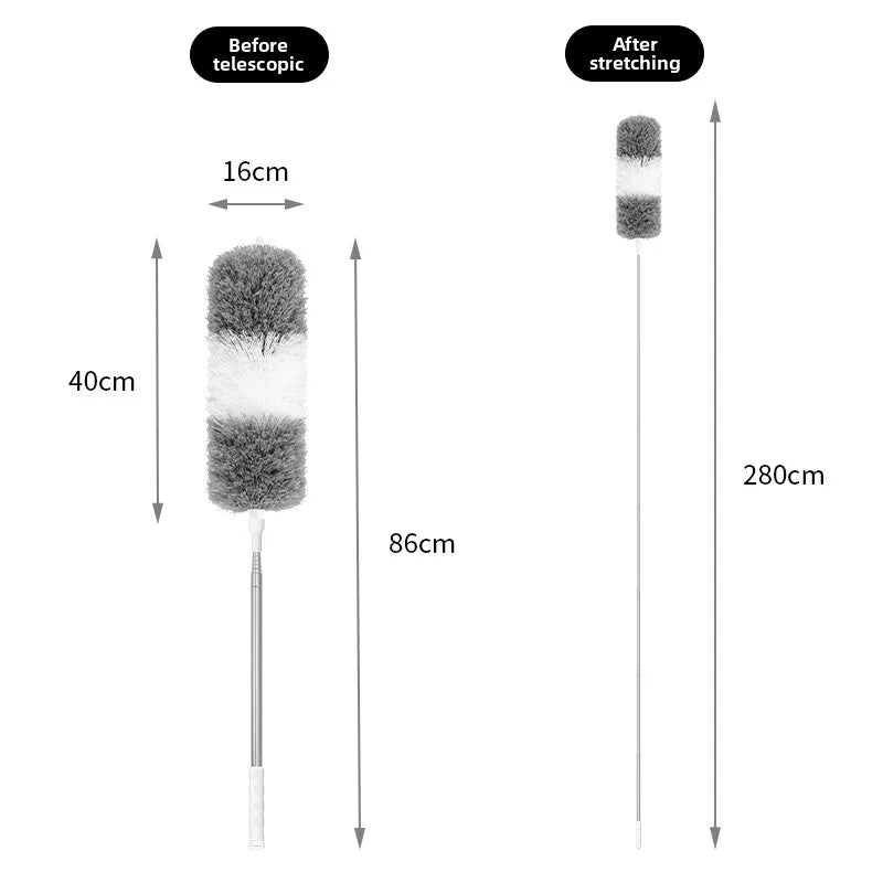 Comparison showing the length of an extendable microfiber duster before and after stretching.