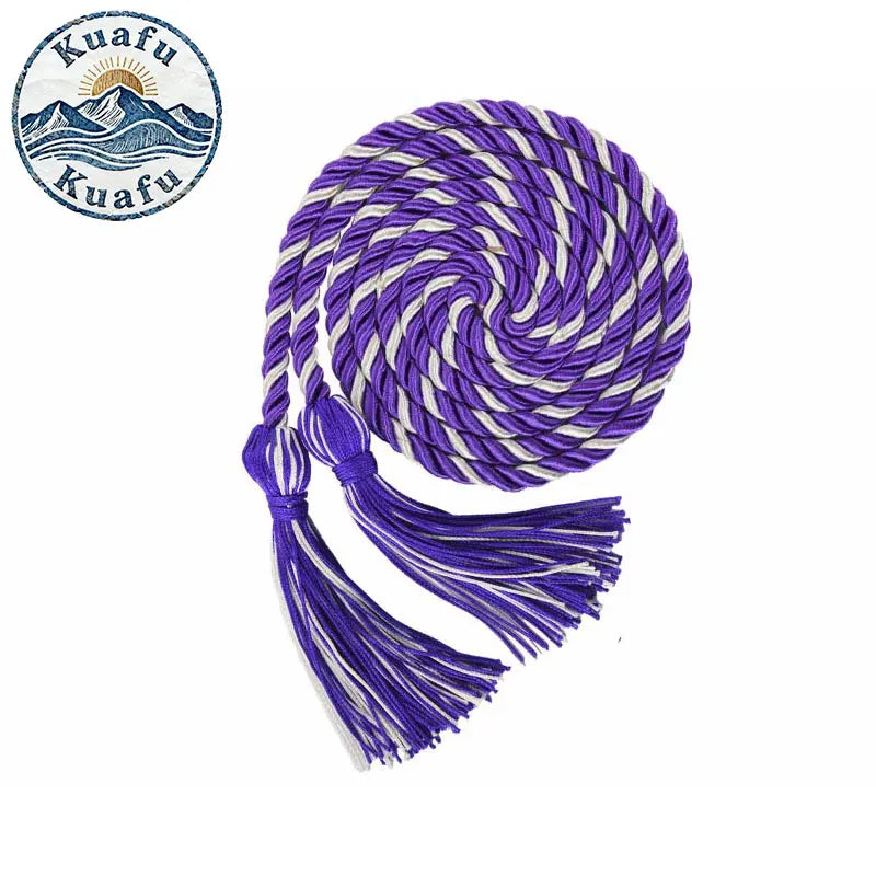 Purple and white graduation honor cord with tassel ends coiled into a spiral