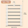 A white multi-layer stainless steel pants rack with seven tiers is shown hanging on a hook.
