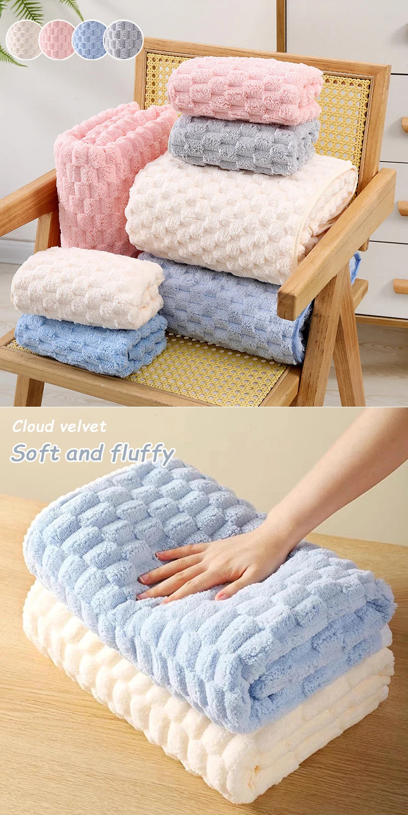 A stack of soft, fluffy bath towels in various pastel colors including pink, lavender, and blue.