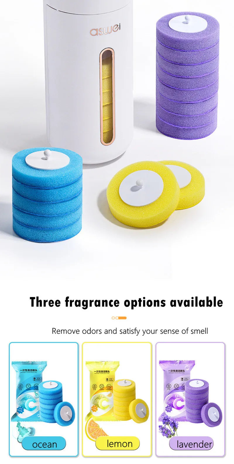 Tres opciones de fragancias disponibles mostrando cabezales desechables para cepillo de inodoro en púrpura, azul y amarillo.