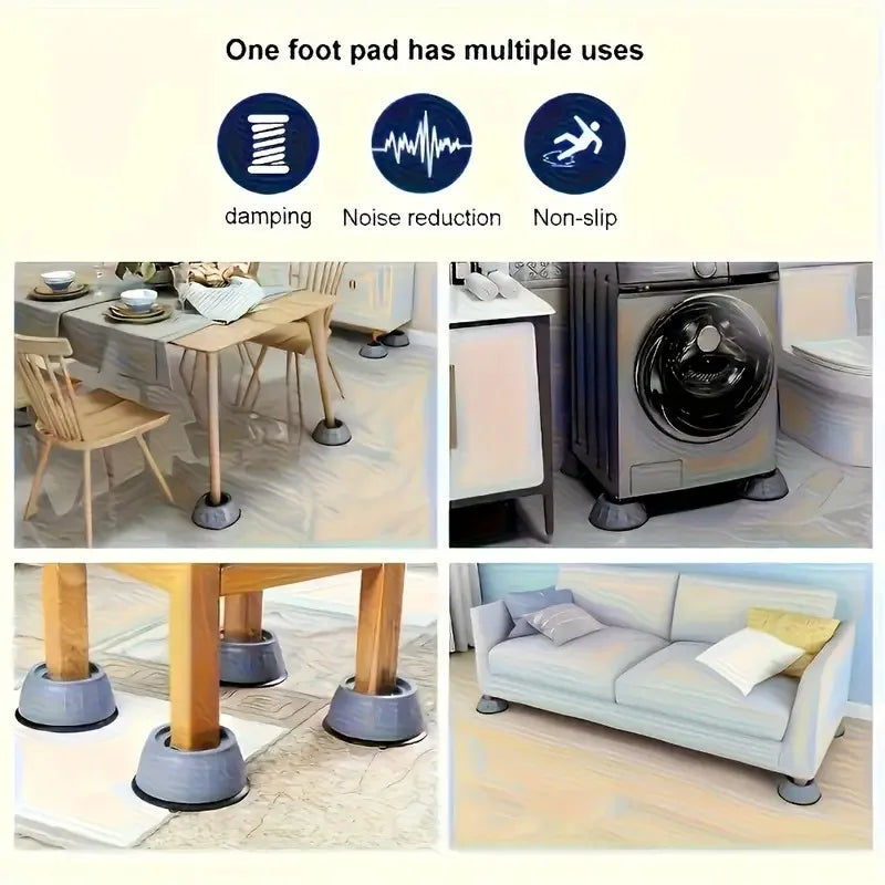 Anti-vibration pads for washing machines and dryers showing multiple uses like furniture feet and foot pads