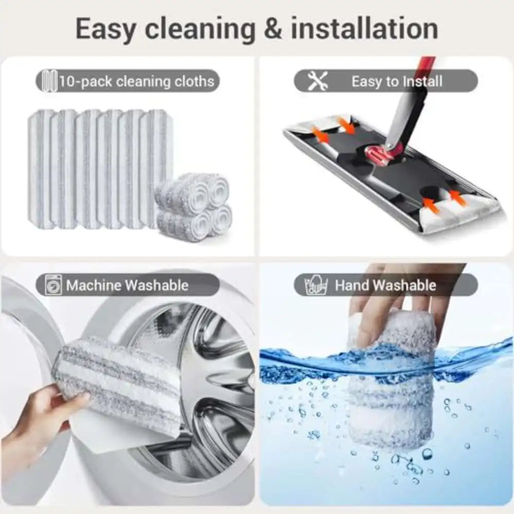 A set of cleaning cloths, a flat mop head, and sponges are shown for easy cleaning and installation.