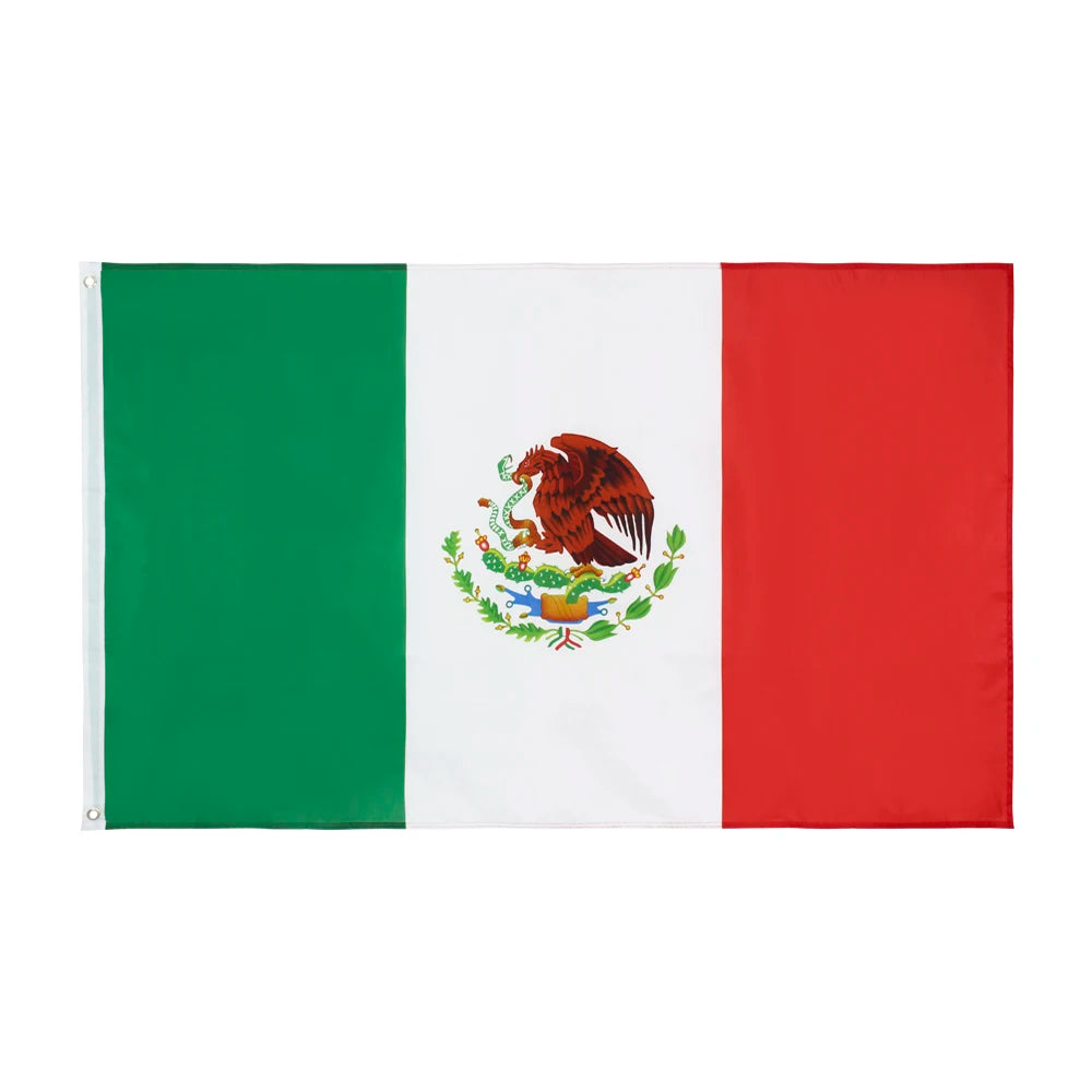 A rectangular flag of Mexico featuring vertical stripes of green, white, and red with the national coat of arms.