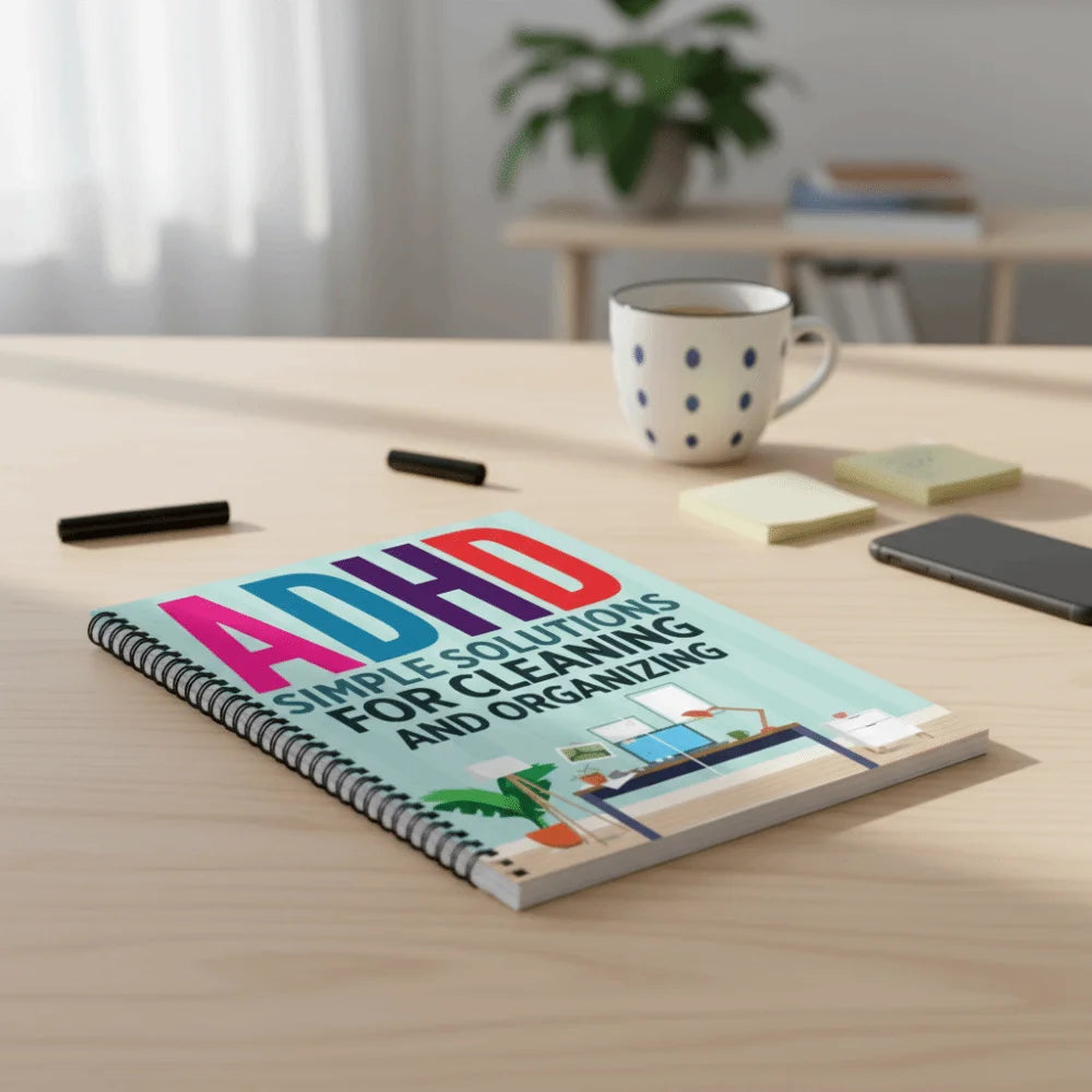 A notebook titled ADHD Simple Solutions for Cleaning and Organizing lies on a wooden table next to a mug and some small block
