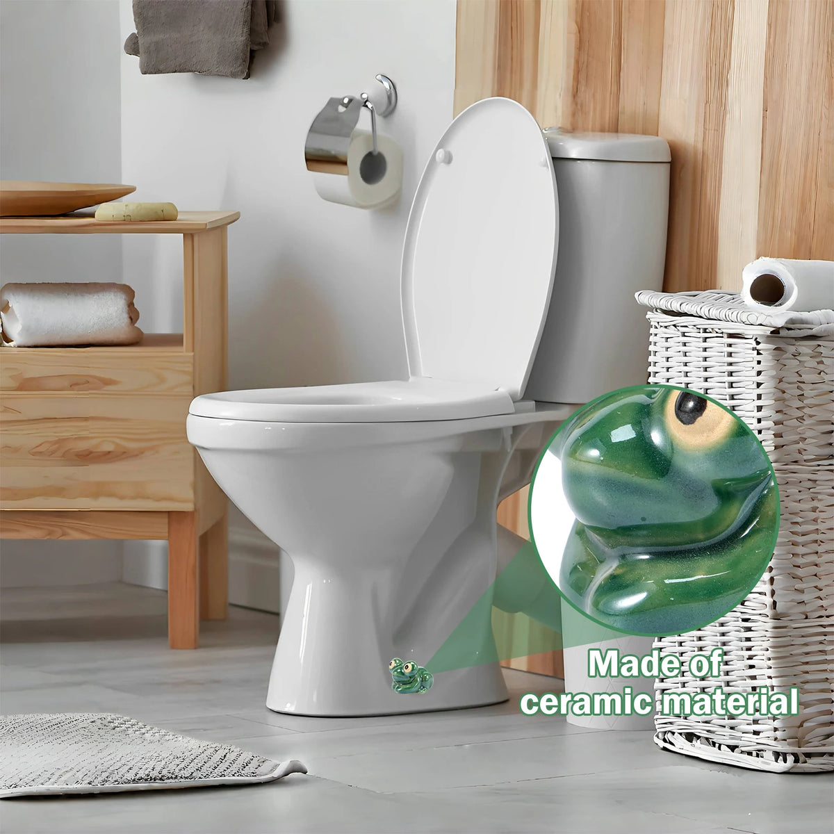 A white ceramic toilet with a green bolt cover is shown next to a wooden shelf and a woven basket.