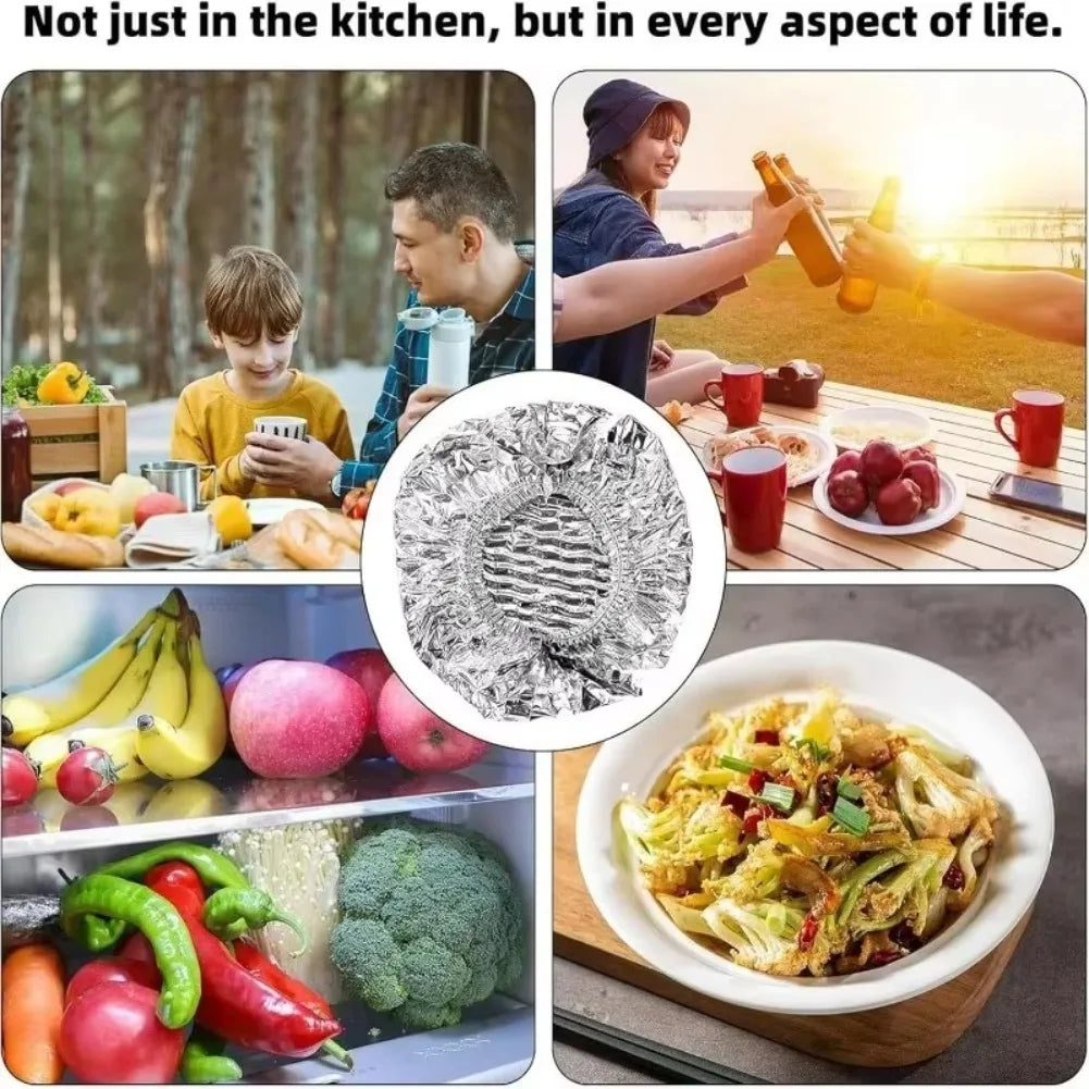 A close-up of a reusable aluminum foil bowl cover used for food preservation, showing various vegetables.