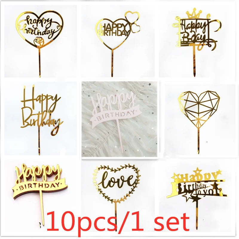 A set of ten gold acrylic birthday cake toppers featuring various designs including hearts and text