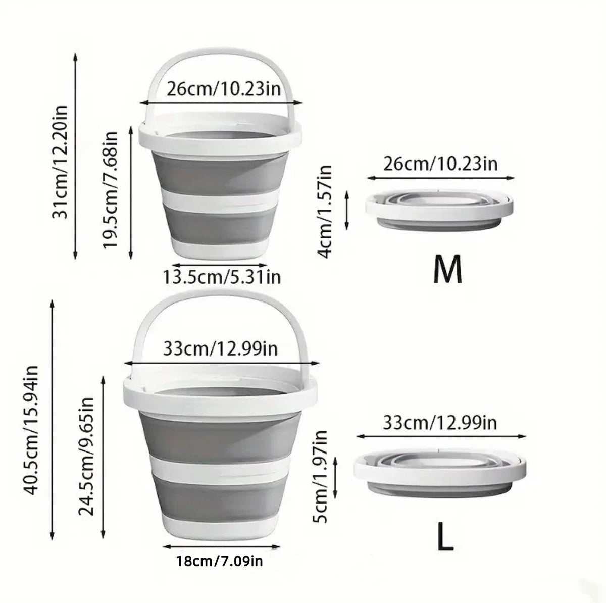 Two sizes of foldable plastic buckets with arc handles, labeled M and L.