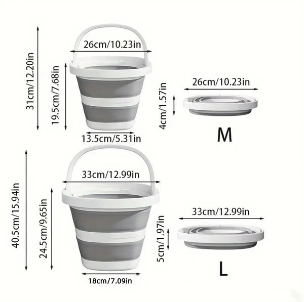 Two sizes of foldable plastic buckets with arc handles, labeled M and L.