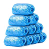 A stack of blue reusable waterproof plastic shoe covers.