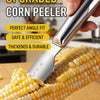 A hand uses an upgraded stainless steel corn peeler to remove kernels from a corn cob.