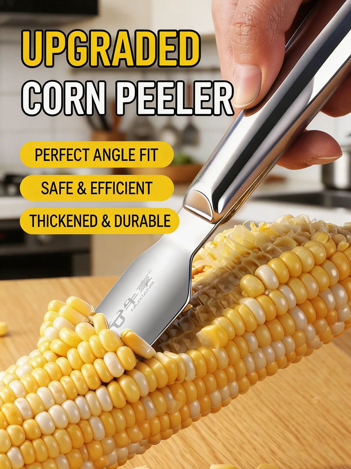 A hand uses an upgraded stainless steel corn peeler to remove kernels from a corn cob.