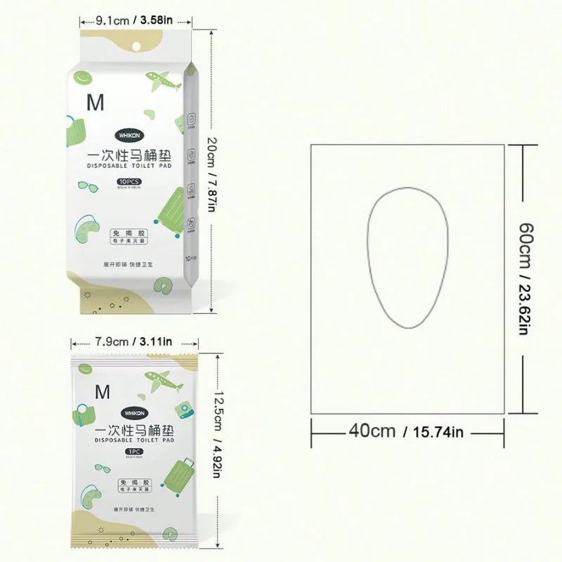 A package of disposable toilet seat covers, labeled M, showing the product dimensions and packaging.
