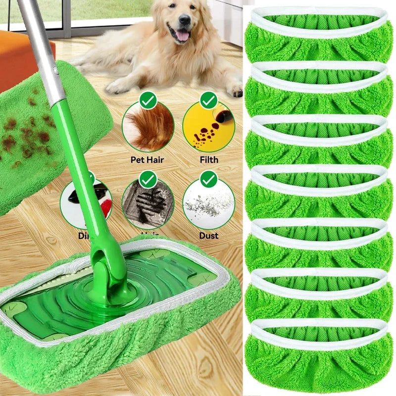 A green reusable microfiber mop pad with a handle is shown alongside various cleaning elements like pet hair, filth, and dust