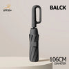 A black windproof folding umbrella with a carabiner handle is shown against a light background.