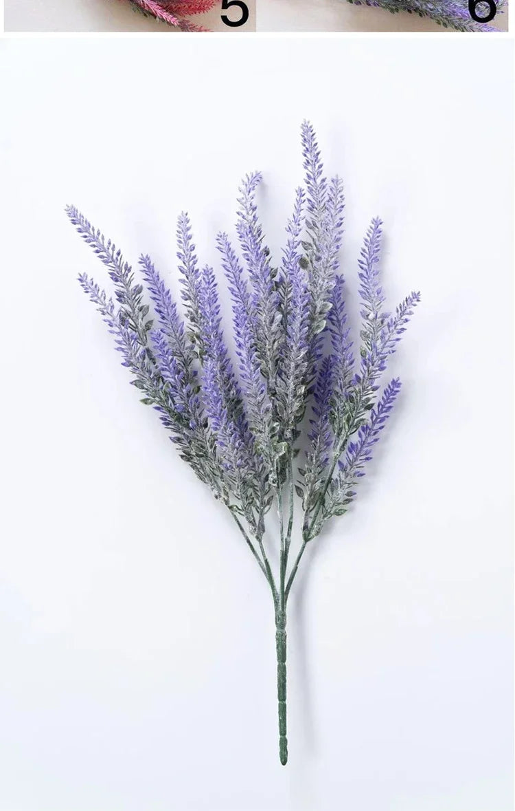 A sprig of artificial lavender flowers with purple-blue spikes and green stems.