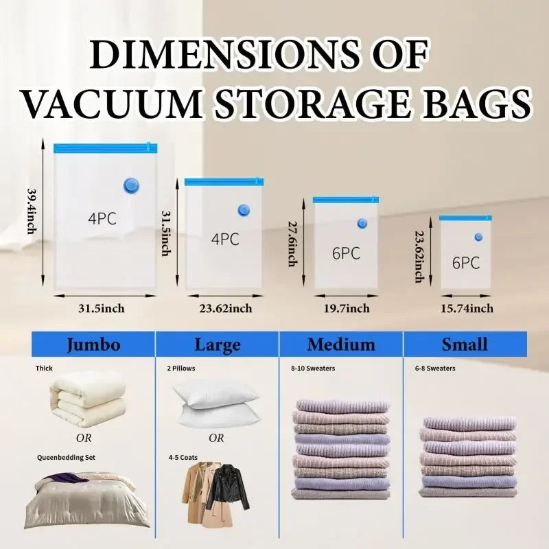 Diagram showing the dimensions of vacuum storage bags categorized by size: Jumbo, Large, Medium, and Small.