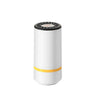 Pompe à air électrique portable blanche avec un dessus noir et une bande jaune autour de la base.