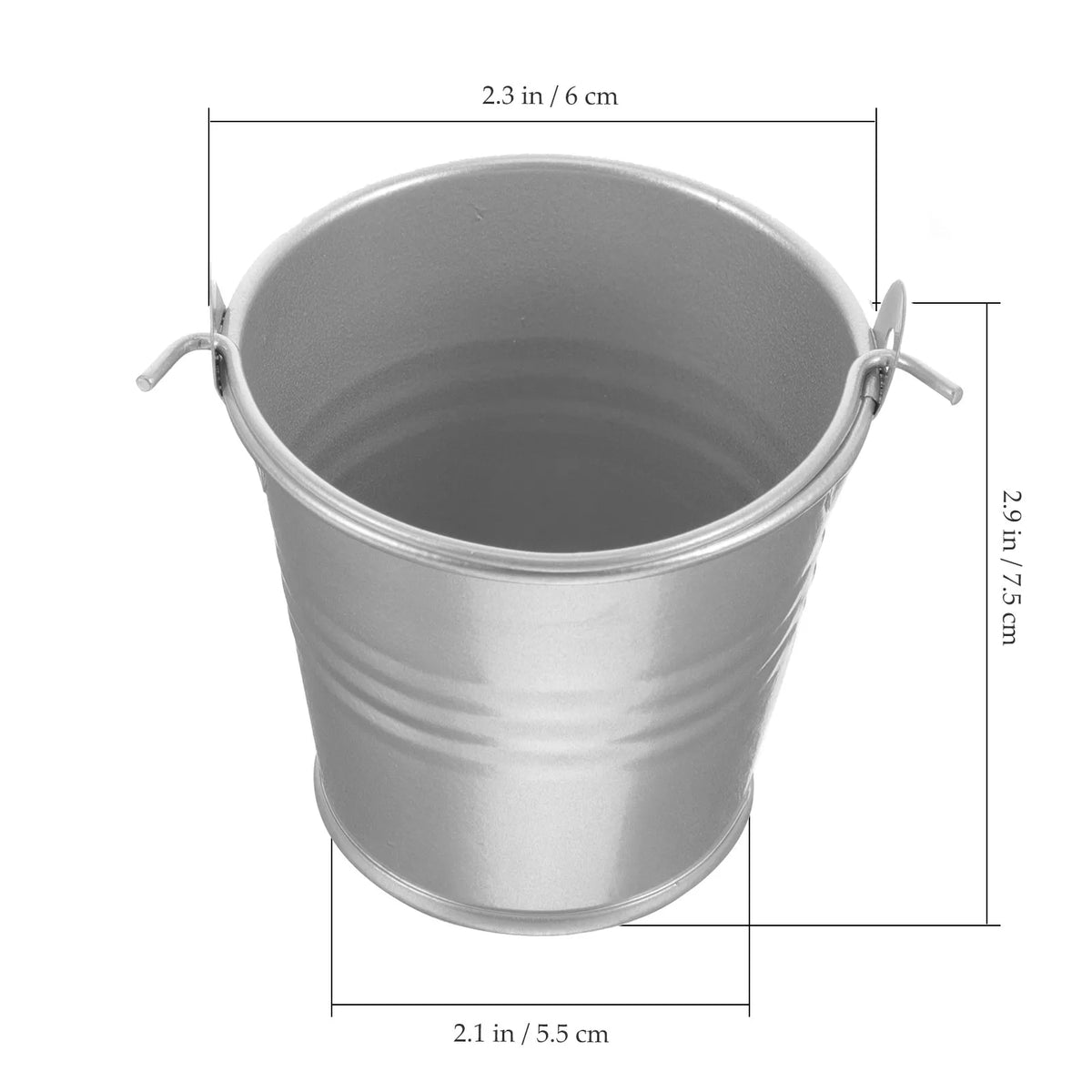 A silver vintage iron flower bucket with a wide opening and handles.