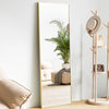 A full body standing wall mirror with a gold frame reflecting a green palm plant and a beige sofa.