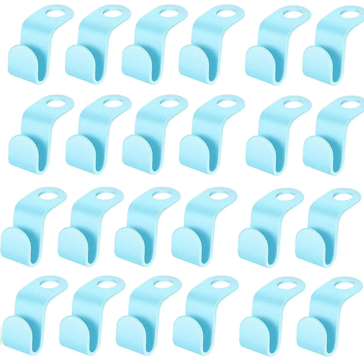 A set of light blue space-saving hanger connector hooks for closet organization.