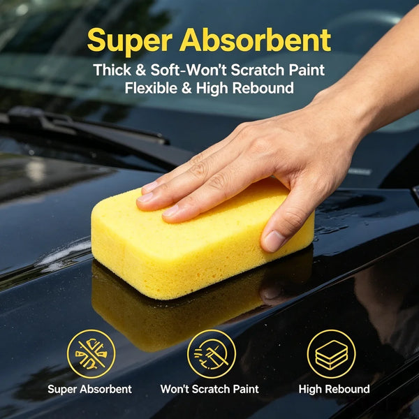A hand is using a yellow thick and soft sponge to clean a car surface, demonstrating super absorbent, scratch-proof, and high