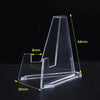 Clear acrylic display stands showing various dimensions and angles for collectibles.