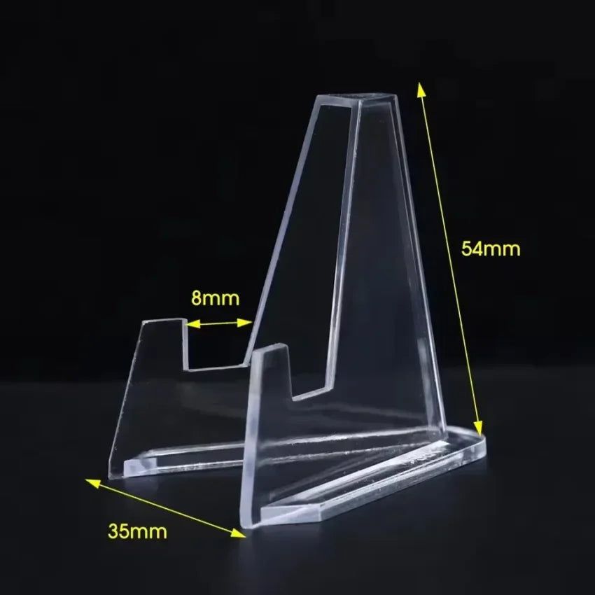 Clear acrylic display stands showing various dimensions and angles for collectibles.